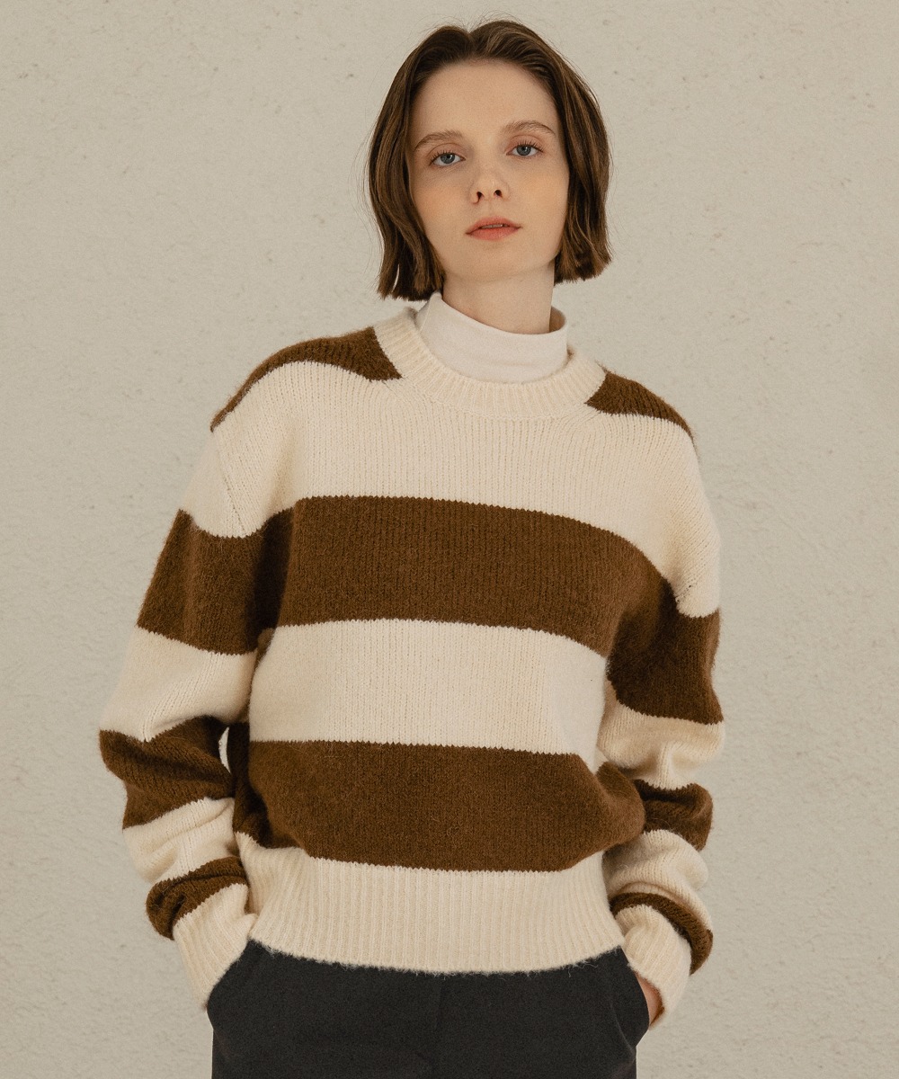 KN4212 Stripe mohair knit_Olive brown/Cream